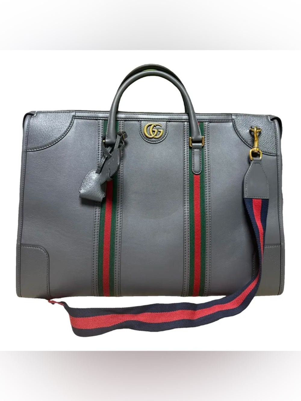 Gucci Gray Leather Duffel with Green and Red Web Stripes